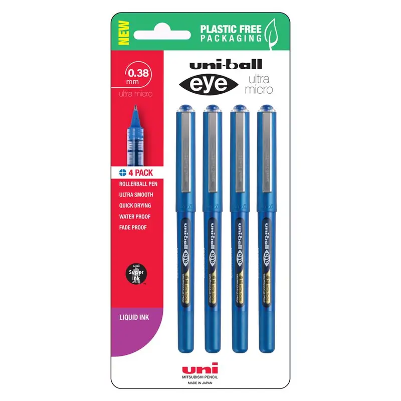 Uni Eye Ultra-Micro Rollerball Pens – 0.38Mm Blue Ink, 4-Pack 1