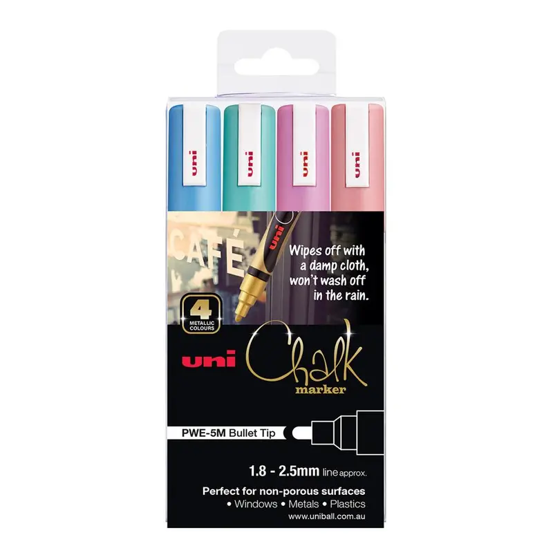 Uni Metallic Liquid Chalk Marker Set – 4-Pack, 1.8–2.5Mm Tips (Pwe-5M) 1