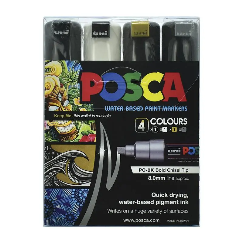 Uni Posca 8Mm Chisel-Tip Marker Set – Bold Black, White, Gold & Silver (4-Pack) 1