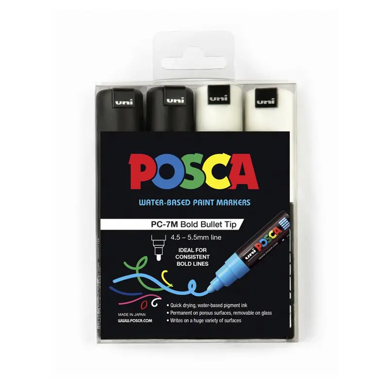 Uni Posca Fine-Tip Marker Set – 4.5Mm Black And White, 4-Pack 1