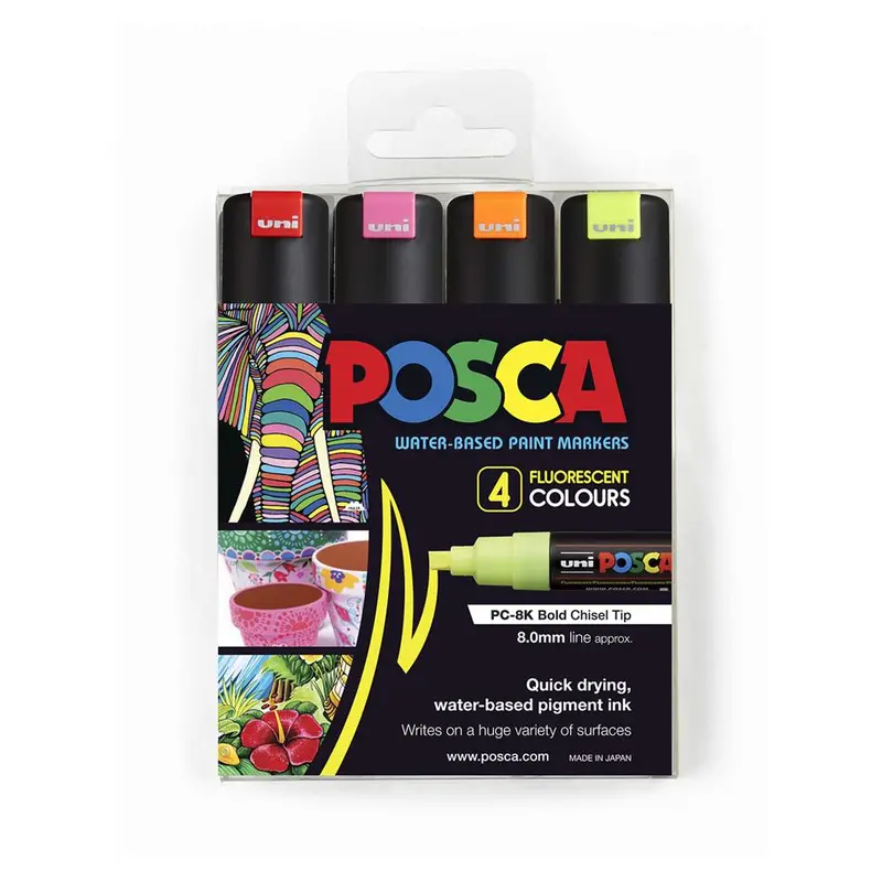 Uni Posca Fluorescent Chisel-Tip Markers – 8Mm 4-Pack For Bold Expression 1