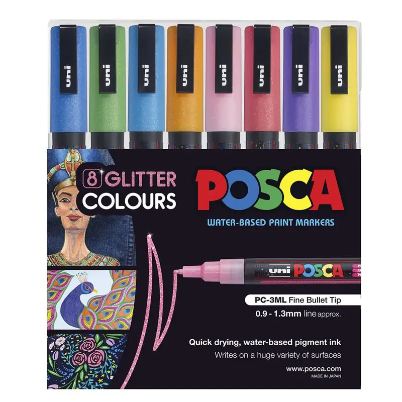 Uni Posca Glitter Marker Set (8-Pack) – Fine-Tip Metallic Art Markers 0.9–1.3Mm 1
