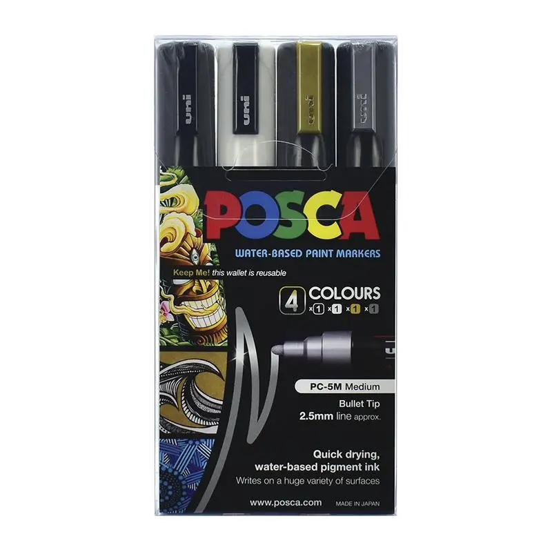 Uni Posca Metallic Marker Set – 4-Piece (Black, White, Gold, Silver), 1.8–2.5Mm Tips 1