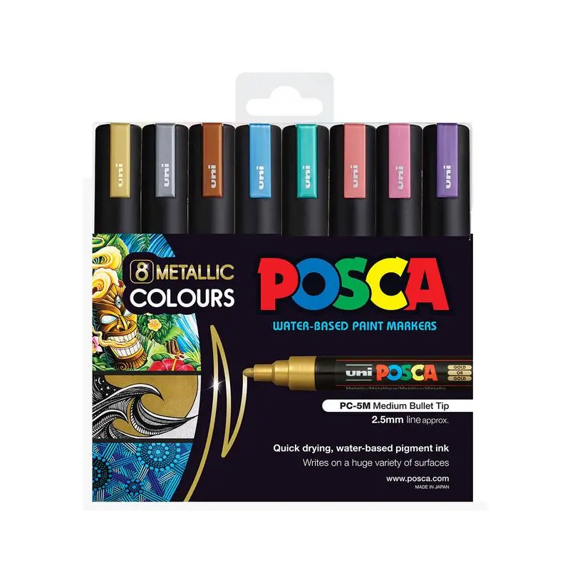 Uni Posca Metallic Marker Set – 8-Piece, 1.8–2.5Mm Bullet Tips, Shimmering Effects 1