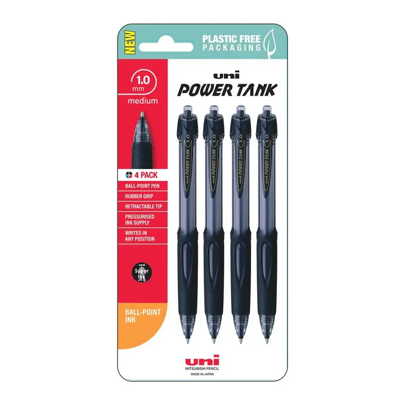 Uni Powertank Retractable Ballpoint Pens – 1.0Mm Black Ink, 4-Pack 1