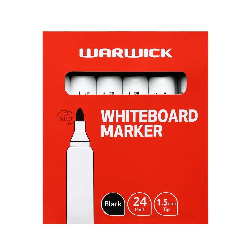 Warwick Black Whiteboard Marker Pack – 24 X Bullet-Tip, Low-Odor, Smudge-Resistant 1